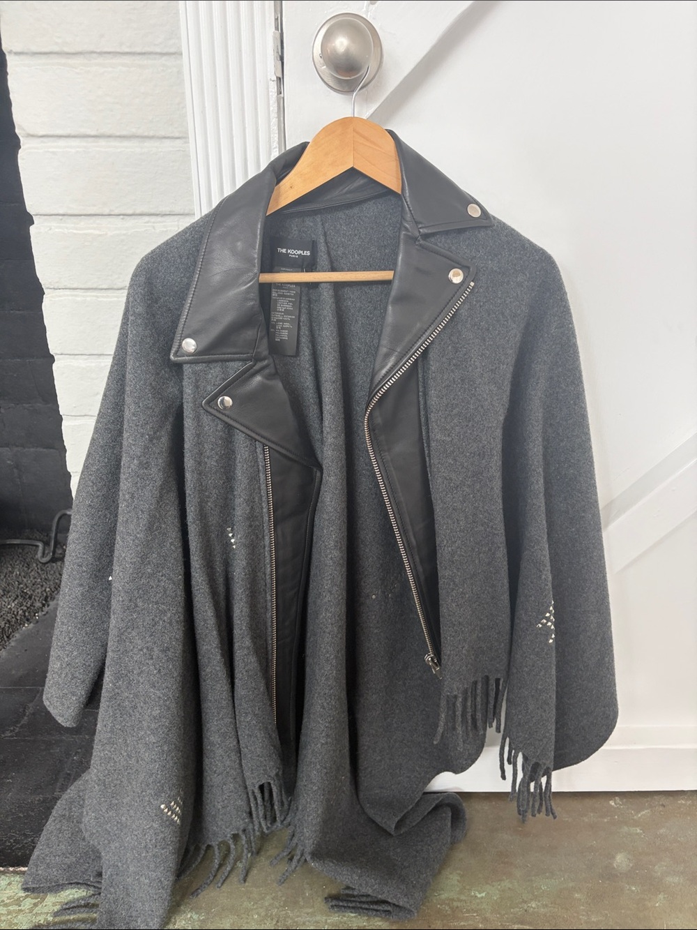 The Kooples Dark Charcoal Gray Wool Cape with Leather Trim